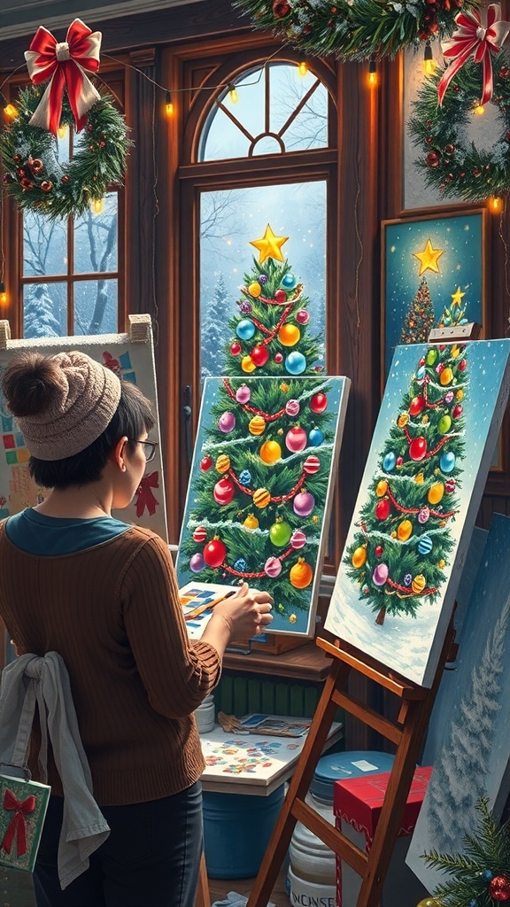 An artist painting a Christmas tree in a decorated studio with snow outside.